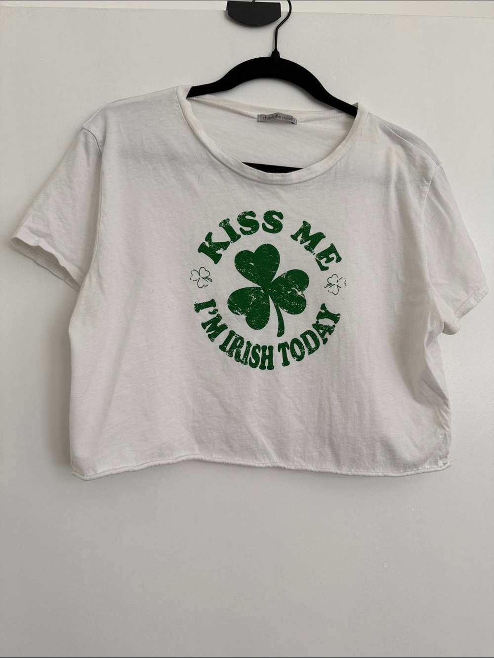 Charlotte Russe White Crop Top with Green Shamrock Graphic